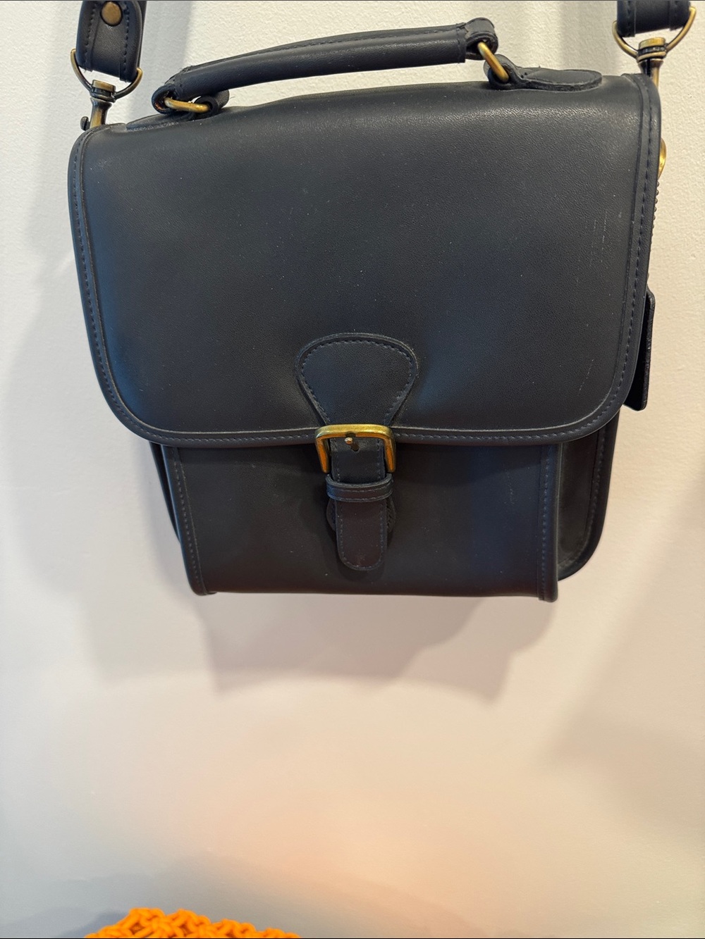 Navy Leather Crossbody Bag with Buckle Accent